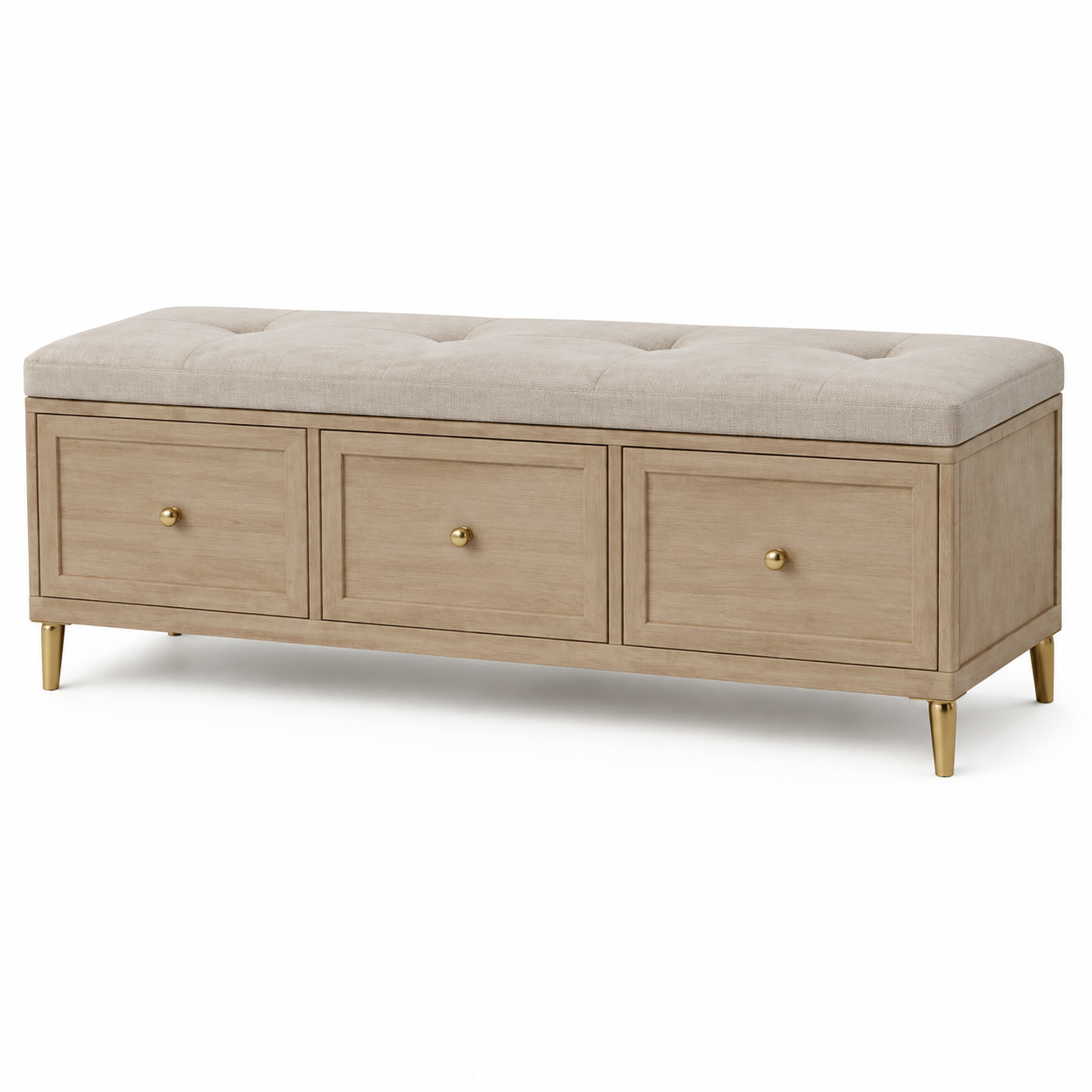 Gepolsterte Sitzbank mit Stauraum und 3 Schubladen, 140 × 40 × 48 cm, Beige/Naturfarben/Goldfarben