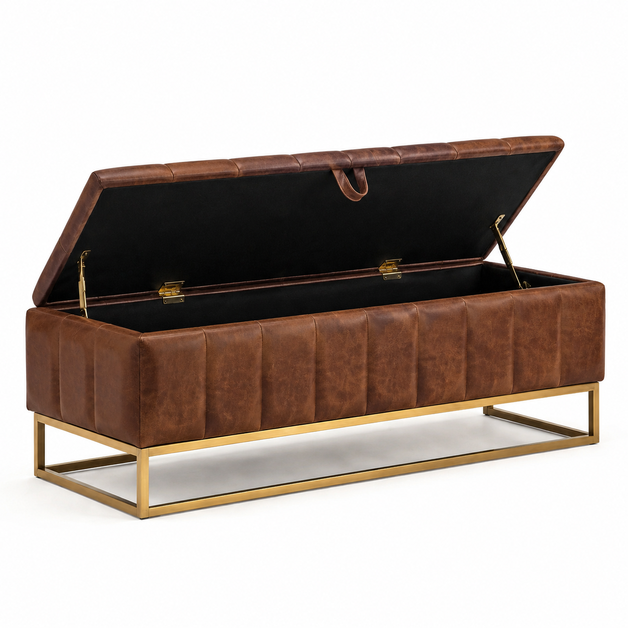 Gepolsterte Sitzbank mit Stauraum, 120 × 40 × 45 cm, Kunstleder in Braun, goldfarbenes Metallgestell