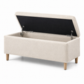 Gepolsterte Stauraumbank mit Bouclé-Bezug, Creme, 110 × 40 × 50 cm, aufklappbarer Deckel und Holzbeine