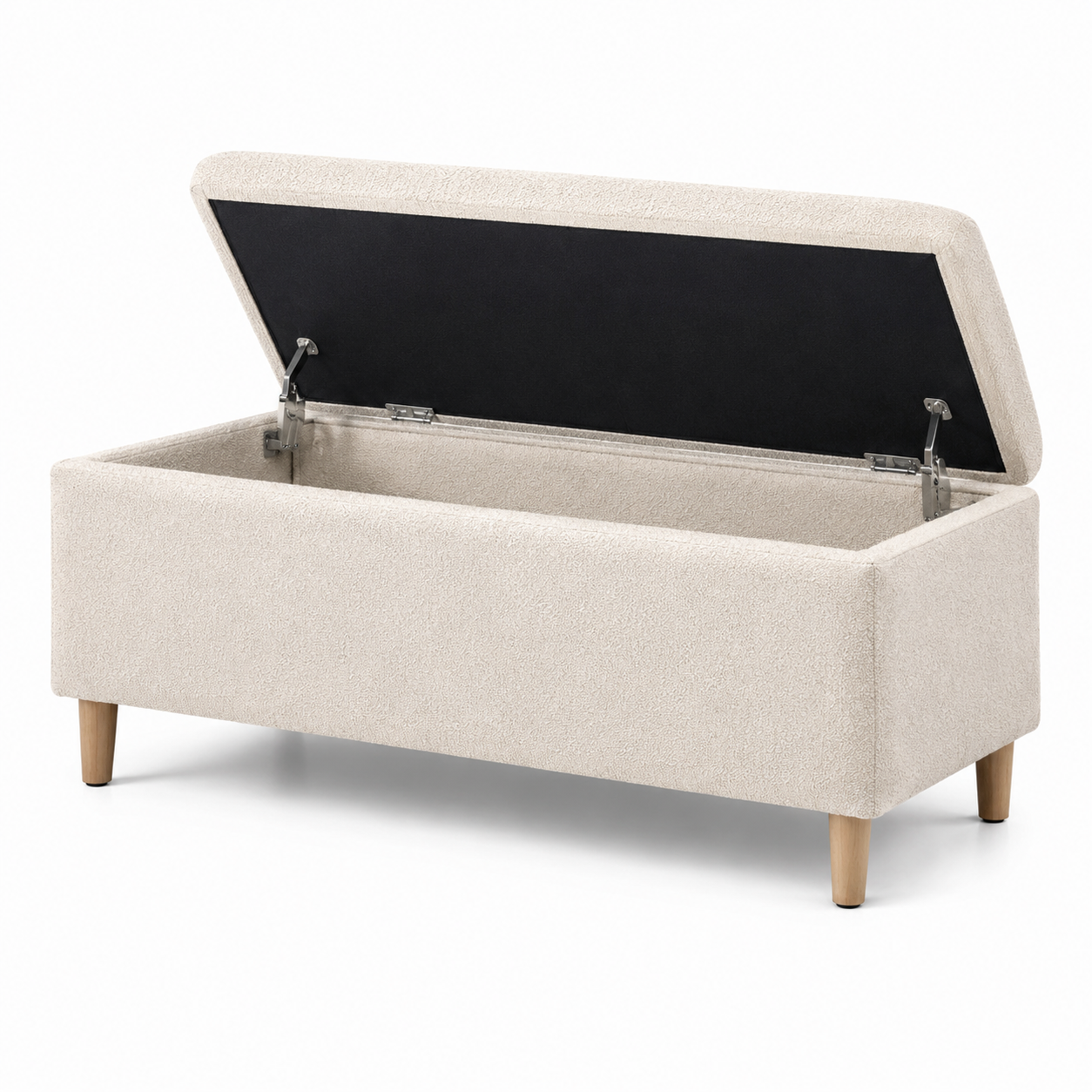 Gepolsterte Stauraumbank mit Bouclé-Bezug, Creme, 110 × 40 × 50 cm, aufklappbarer Deckel und Holzbeine