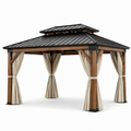 Gartenpavillon aus Holz und Metall, 480 × 360 × 320 cm, Braun/Schwarz/Beige, festes Doppeldach mit Vorhängen