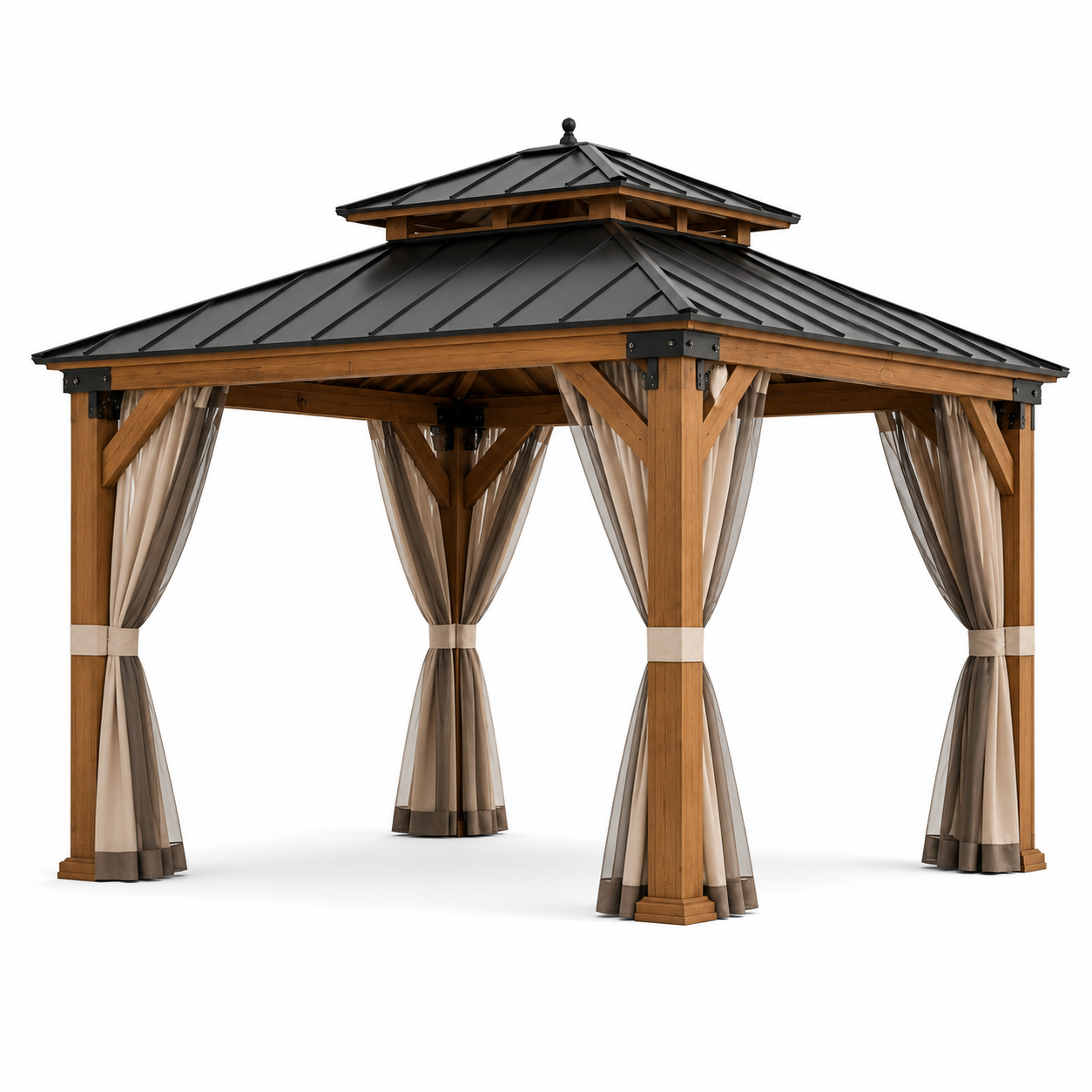 Gartenpavillon mit Hardtop und Seitenvorhängen, 400 × 300 × 300 cm, Braun/Schwarz/Beige
