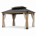 Gartenpavillon aus Holz und Metall mit Doppeldach und Vorhängen, 400 × 300 × 295 cm, Natur/Schwarz/Beige