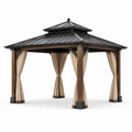 Gartenpavillon mit festem Metalldach und Vorhängen, 400 × 300 × 290 cm, Braun/Schwarz/Beige