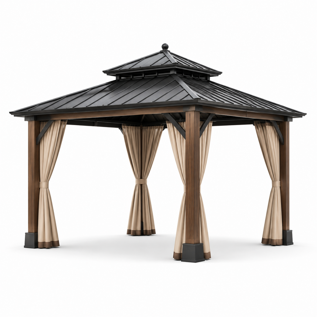 Gartenpavillon mit festem Metalldach und Vorhängen, 400 × 300 × 290 cm, Braun/Schwarz/Beige