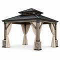 Gartenpavillon 400 × 300 × 310 cm in Braun/Schwarz/Beige/Grau mit Metalldach und Seitenvorhängen