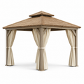 Quadratischer Gartenpavillon aus Holz und Textil mit Vorhängen und Doppeldach, 300 × 300 × 280 cm, Naturbraun/Beige