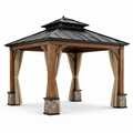 Gartenpavillon 300 × 300 × 320 cm aus Holz und Metall mit festem Dach und Vorhängen, Braun/Schwarz/Beige/Grau