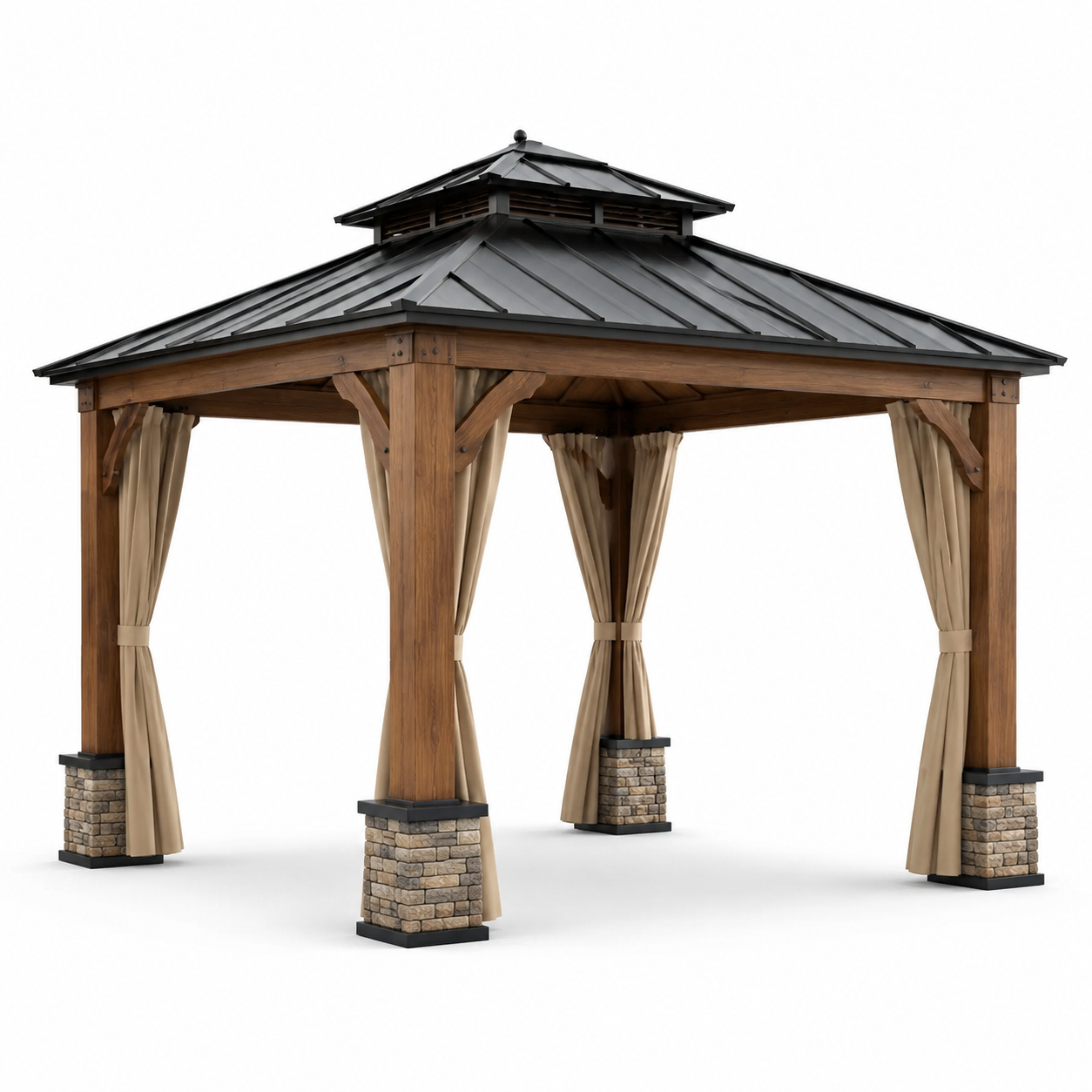 Gartenpavillon 300 × 300 × 320 cm aus Holz und Metall mit festem Dach und Vorhängen, Braun/Schwarz/Beige/Grau