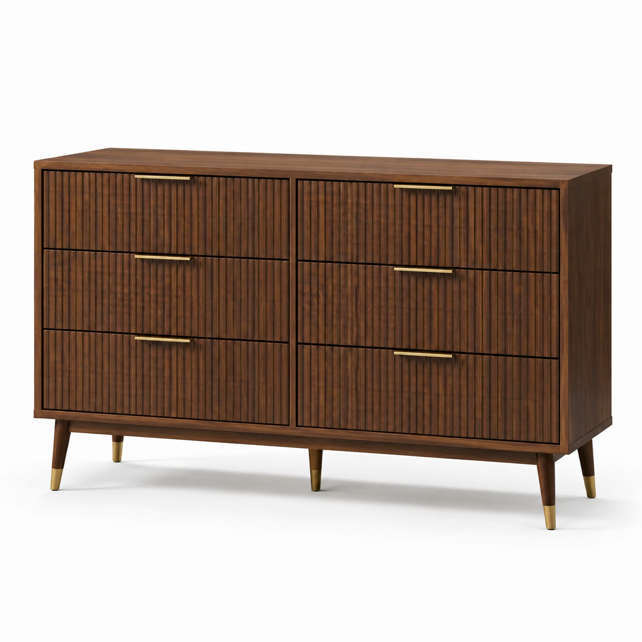 Kommode aus Holzwerkstoff mit 6 geriffelten Schubladen, Braun/Gold, 140 × 40 × 85 cm, moderner Mid-Century-Stil
