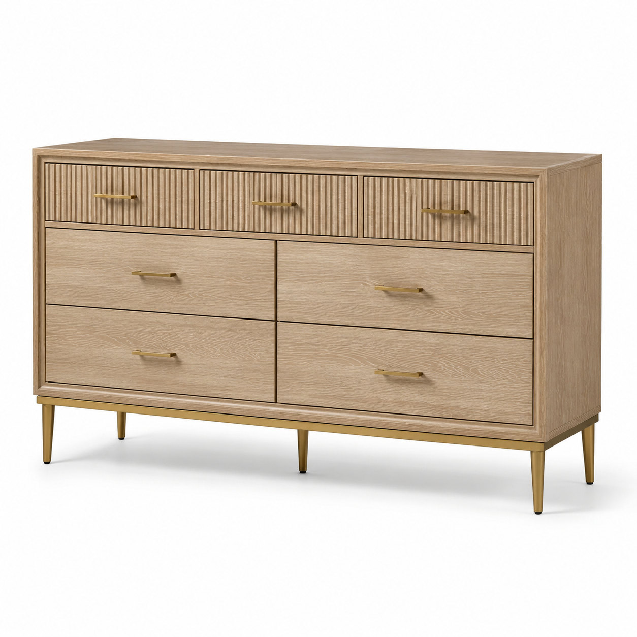 Kommode aus Holzwerkstoff mit 7 Schubladen, Natur/Gold, 150 × 45 × 90 cm
