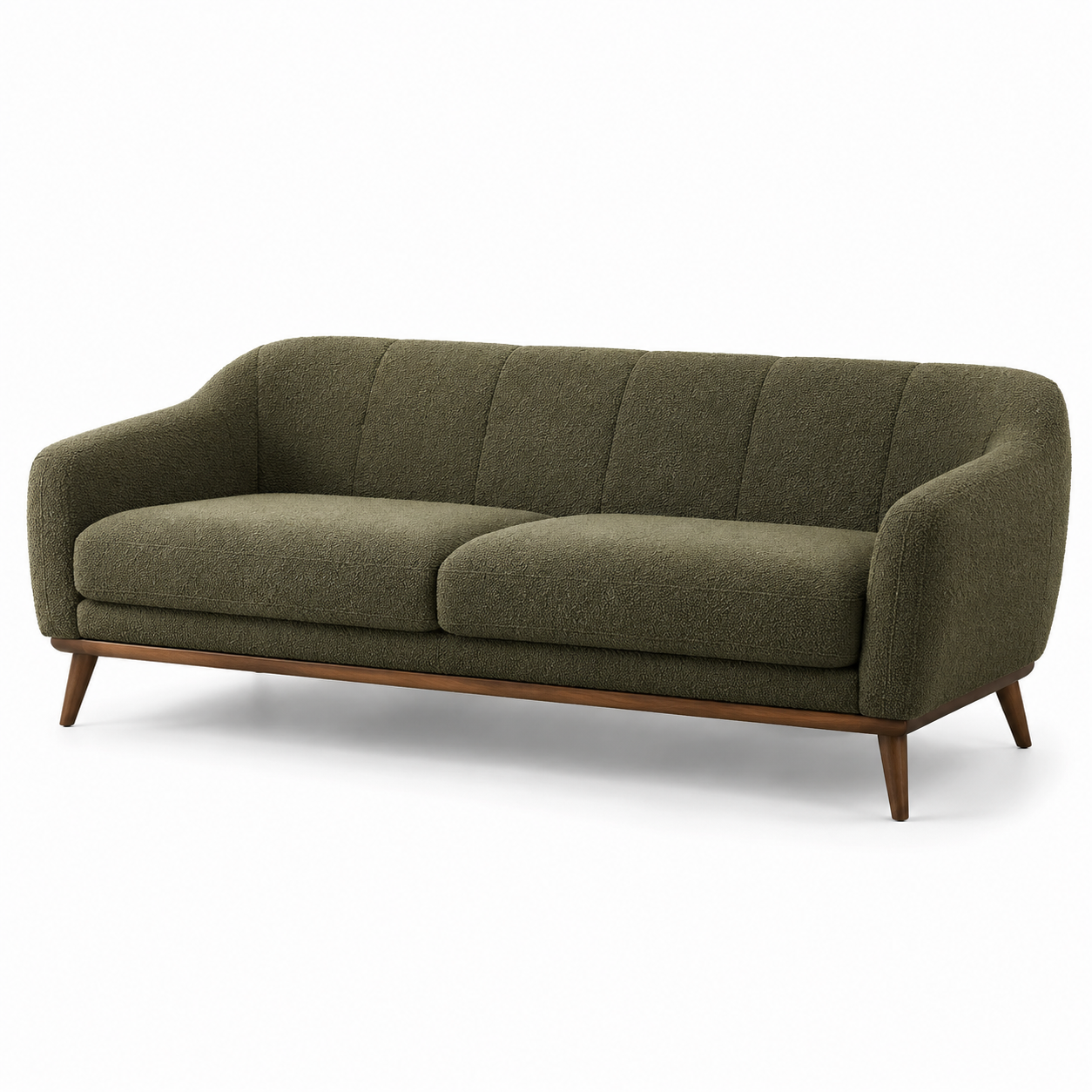 Modernes 3-Sitzer-Sofa aus olivgrünem Strukturstoff mit braunem Holzgestell, 220 × 90 × 82 cm