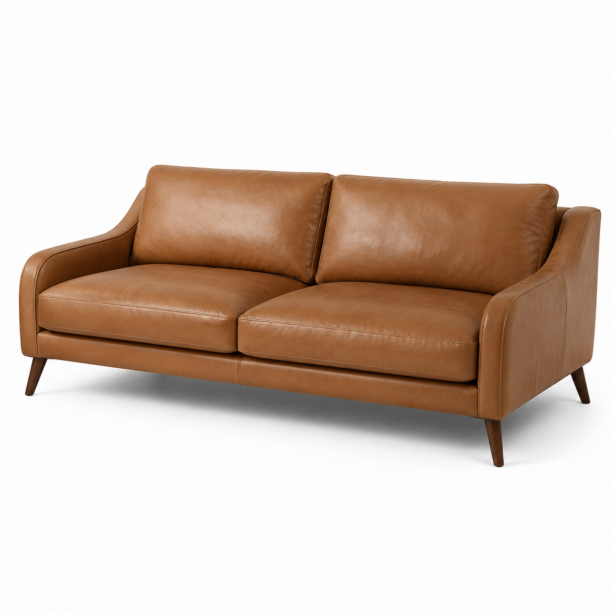 Modernes 3-Sitzer-Sofa aus cognacbraunem Kunstleder mit dunkelbraunen Holzfüßen, 210 × 90 × 85 cm