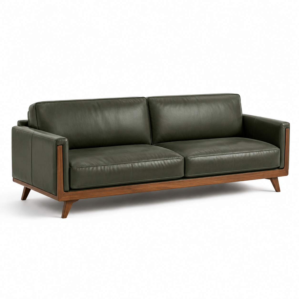 Olivgrünes 3-Sitzer-Sofa mit braunem Holzgestell, 220 × 90 × 82 cm, Mid-Century-Stil