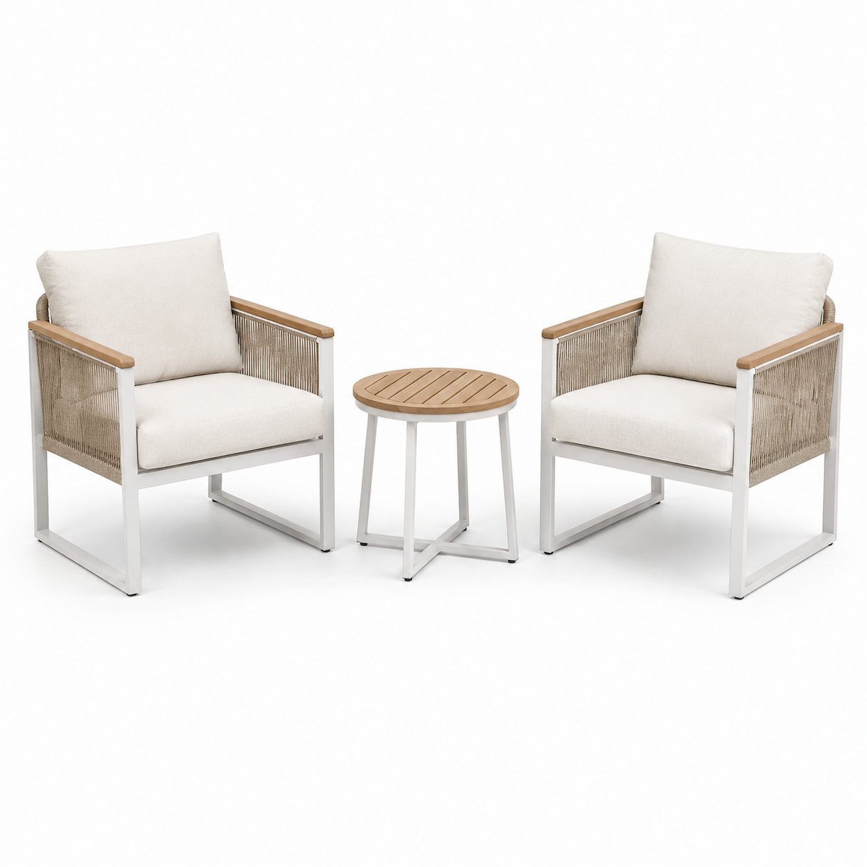3-teiliges Gartenmöbel-Set mit 2 Sesseln 70 × 76 × 81 cm und Beistelltisch Ø 50 × 48 cm, Weiß/Beige/Naturbraun