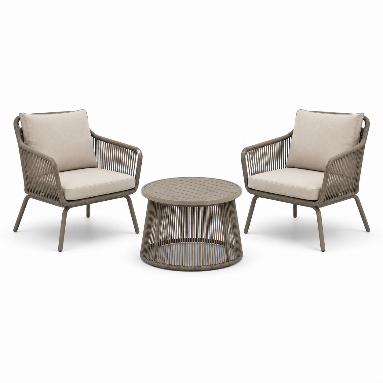 3-teiliges Gartenmöbel-Set in Taupe und Beige – 2 Sessel 78 × 76 × 84 cm und Tisch Ø 70 × 42 cm