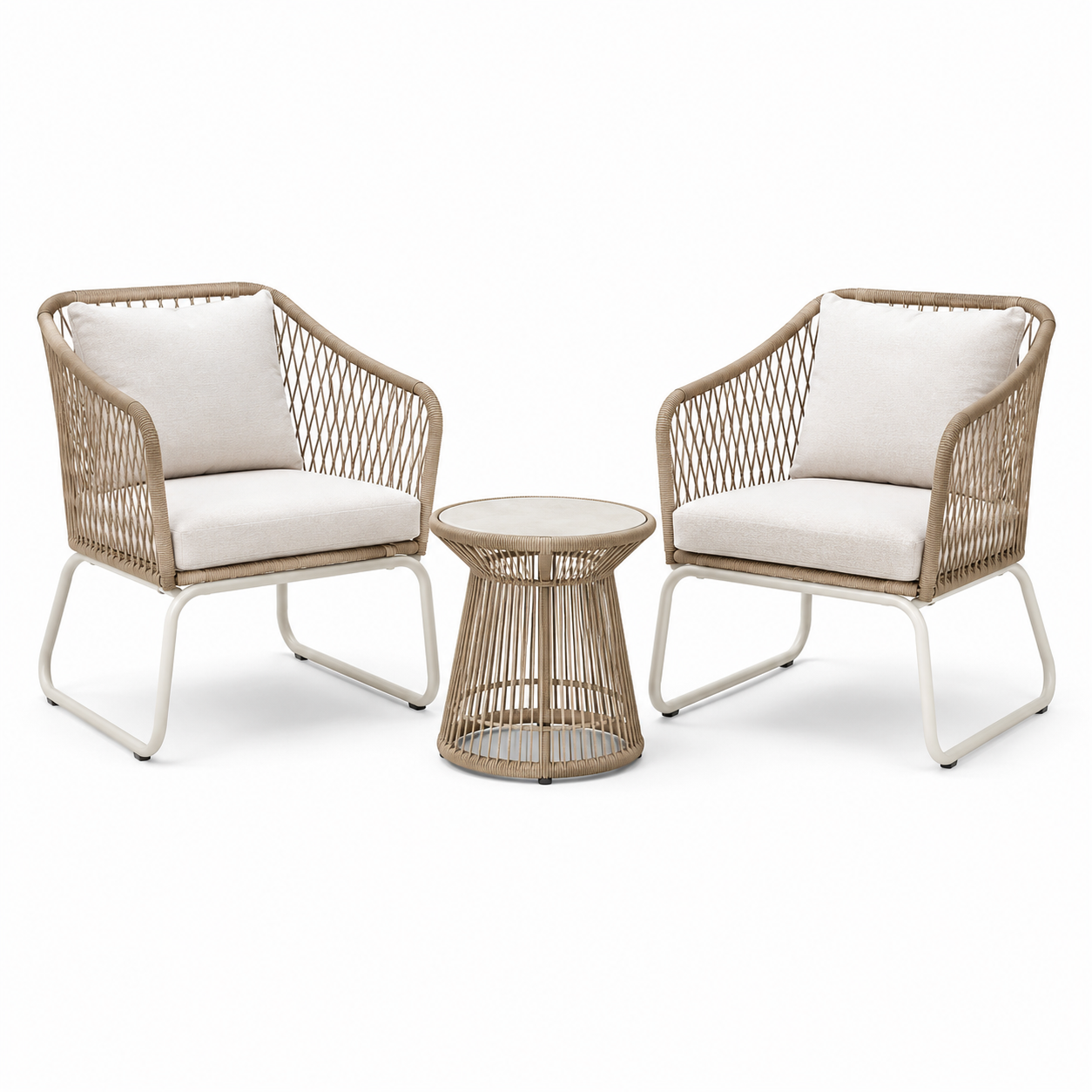 3-teiliges Gartenmöbel-Set mit 2 Sesseln 72 × 75 × 83 cm und Beistelltisch Ø 50 × 48 cm, Beige/Cremeweiß/Weiß