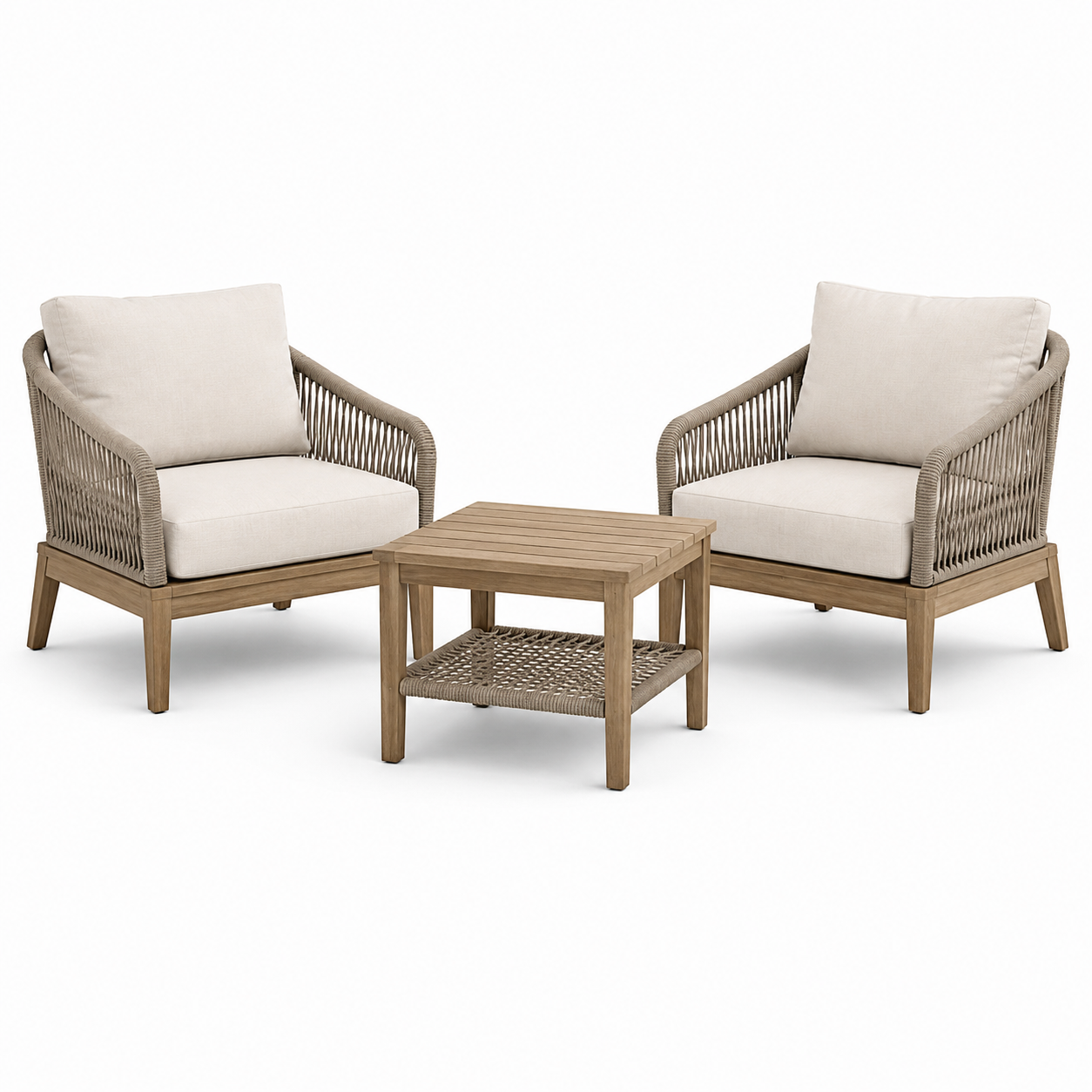 3-teiliges Gartenmöbel-Set mit 2 Sesseln 78 × 78 × 82 cm und Tisch 60 × 60 × 45 cm, Naturbraun/Taupe/Beige