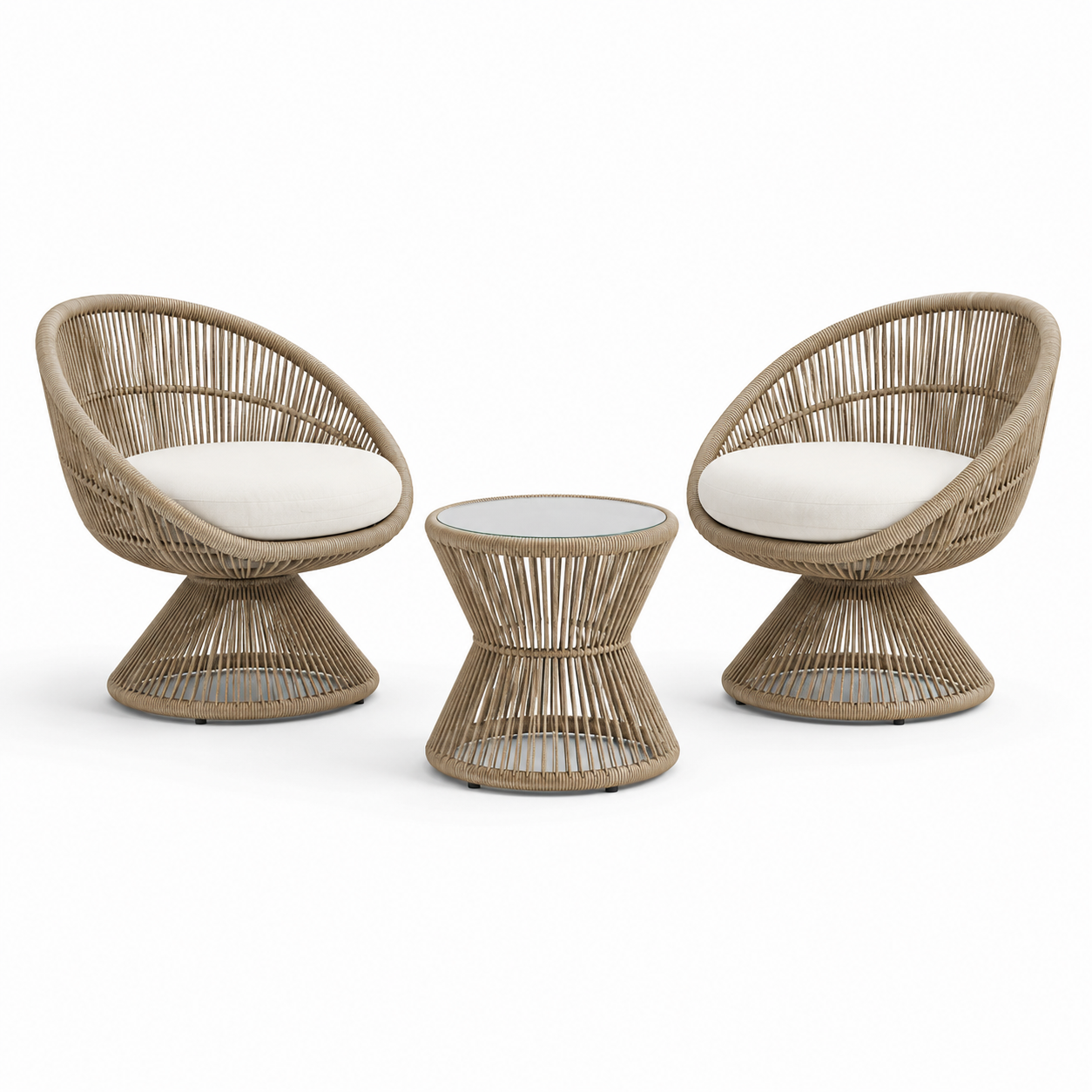3-teiliges Polyrattan-Set in Beige/Cremeweiß – 2 Sessel à 80 × 78 × 82 cm und Beistelltisch Ø 52 × 45 cm