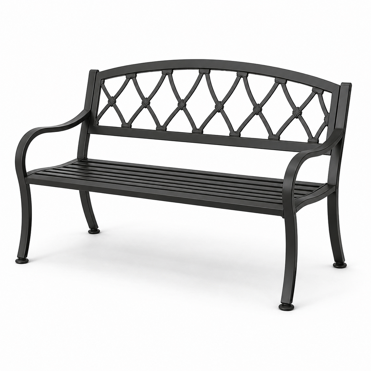 Schwarze Gartenbank aus beschichtetem Metall, 127 × 60 × 85 cm, Zweisitzer mit Gitterlehne