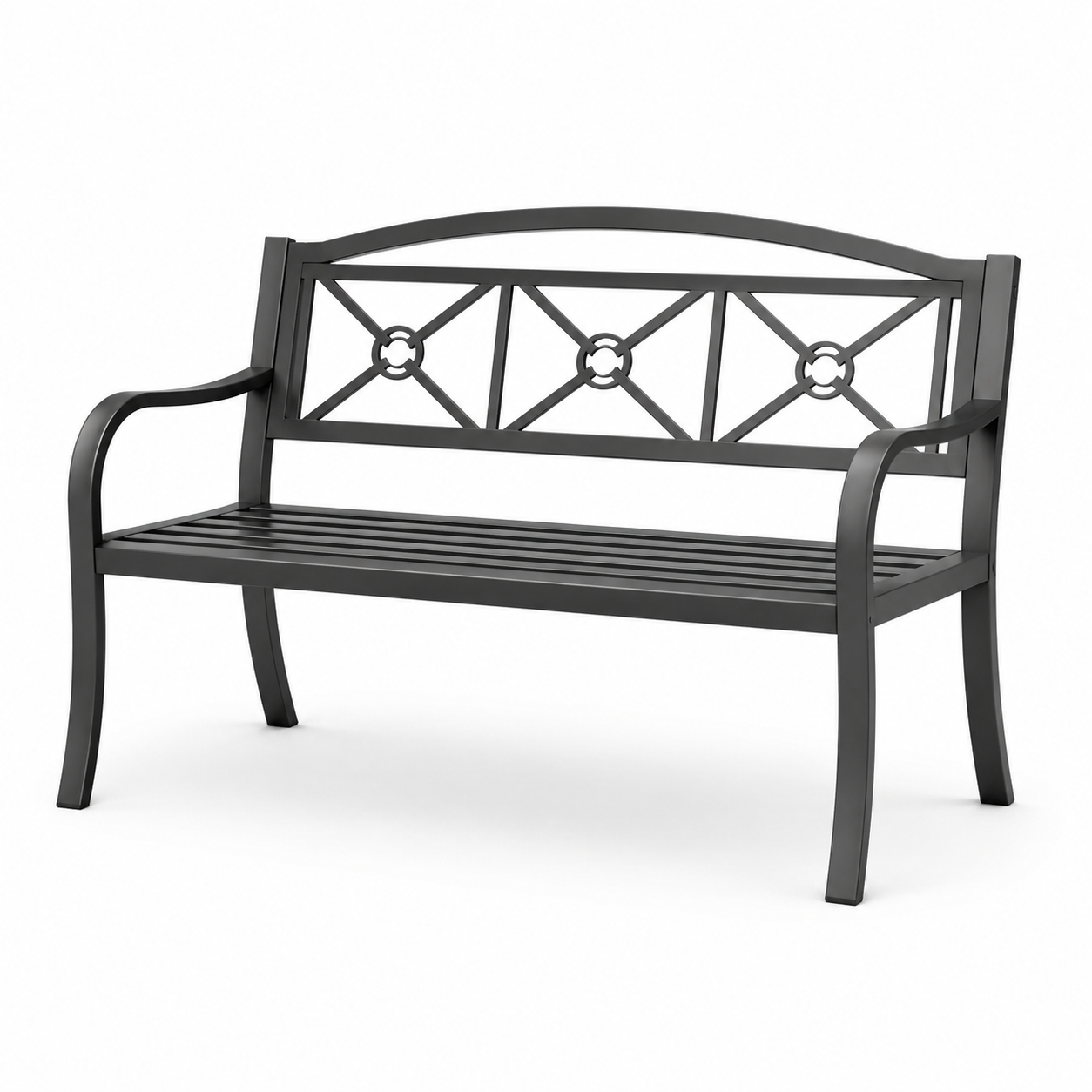 Schwarze Metall-Gartenbank für 2 Personen mit Armlehnen, 127 × 60 × 85 cm