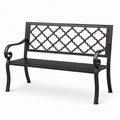 Schwarze Metall-Gartenbank mit ornamentaler Rückenlehne und Armlehnen, 127 × 60 × 87 cm