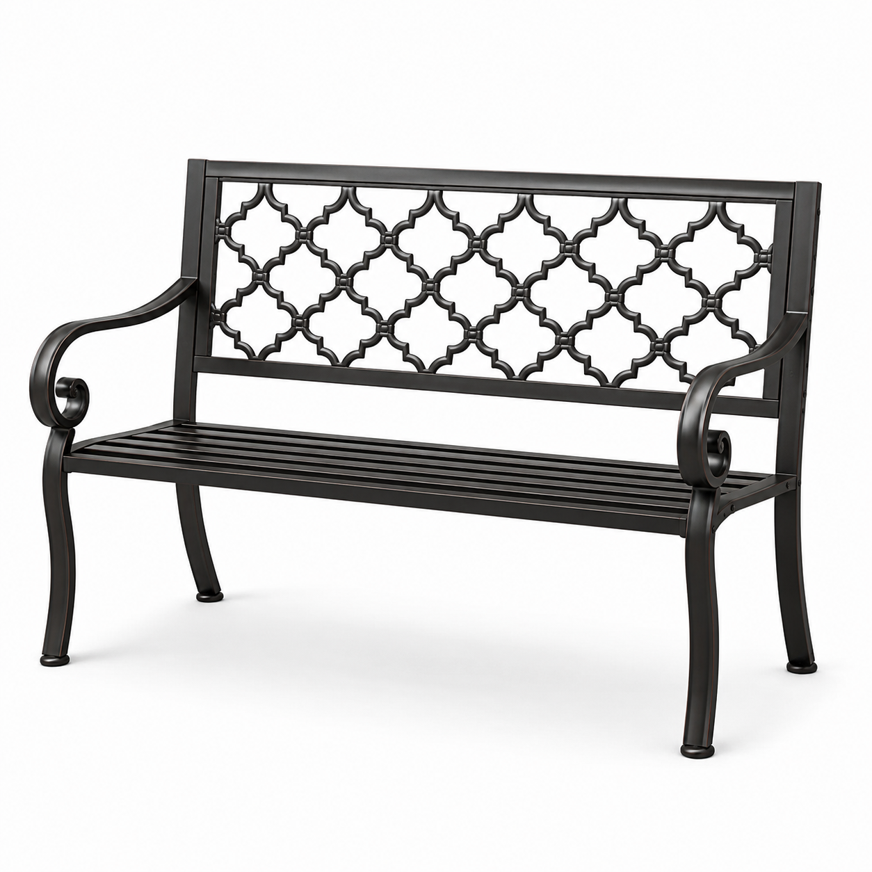 Schwarze Metall-Gartenbank mit ornamentaler Rückenlehne und Armlehnen, 127 × 60 × 87 cm