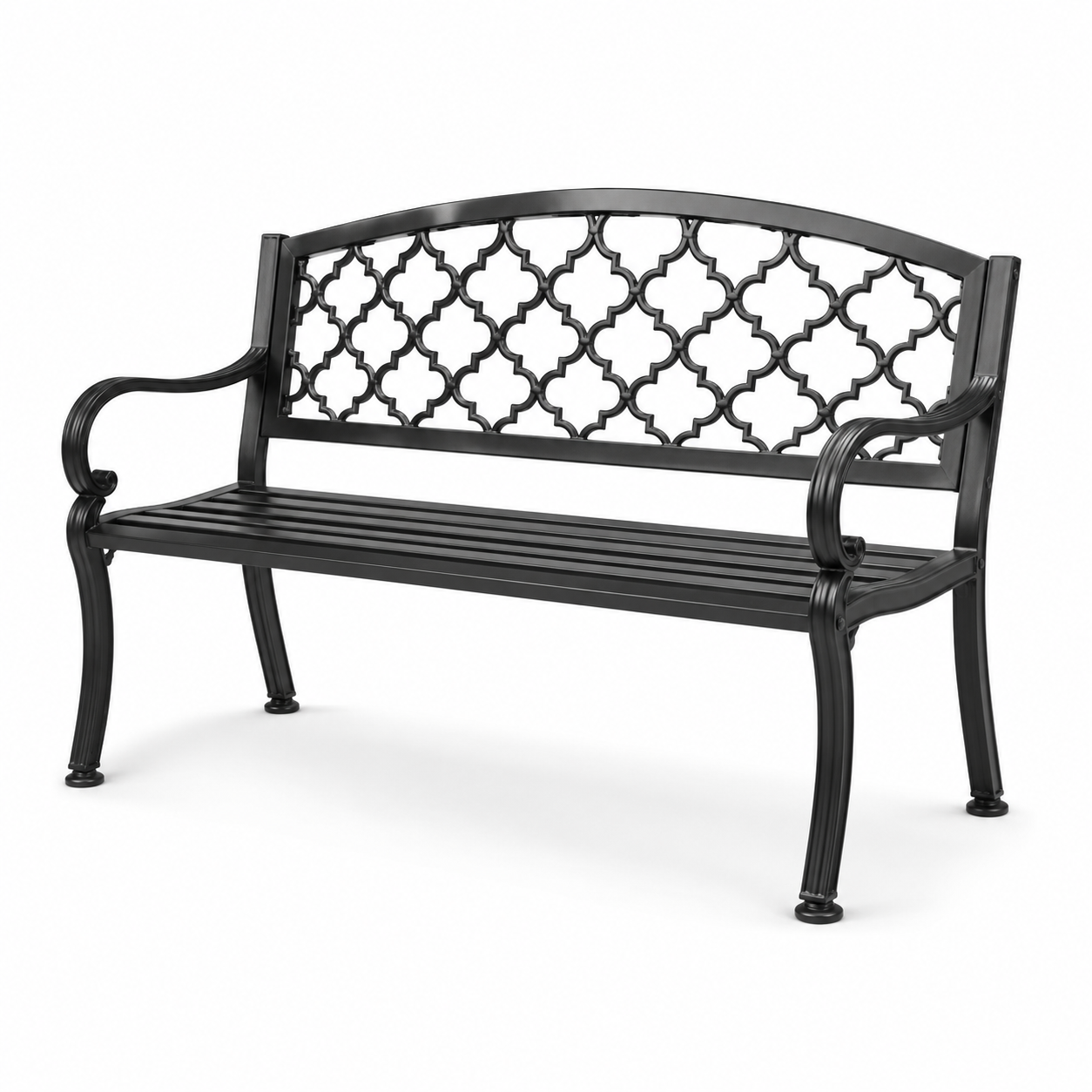 Schwarze Metall-Gartenbank mit Ziergitter und Armlehnen, 126 × 56 × 85 cm