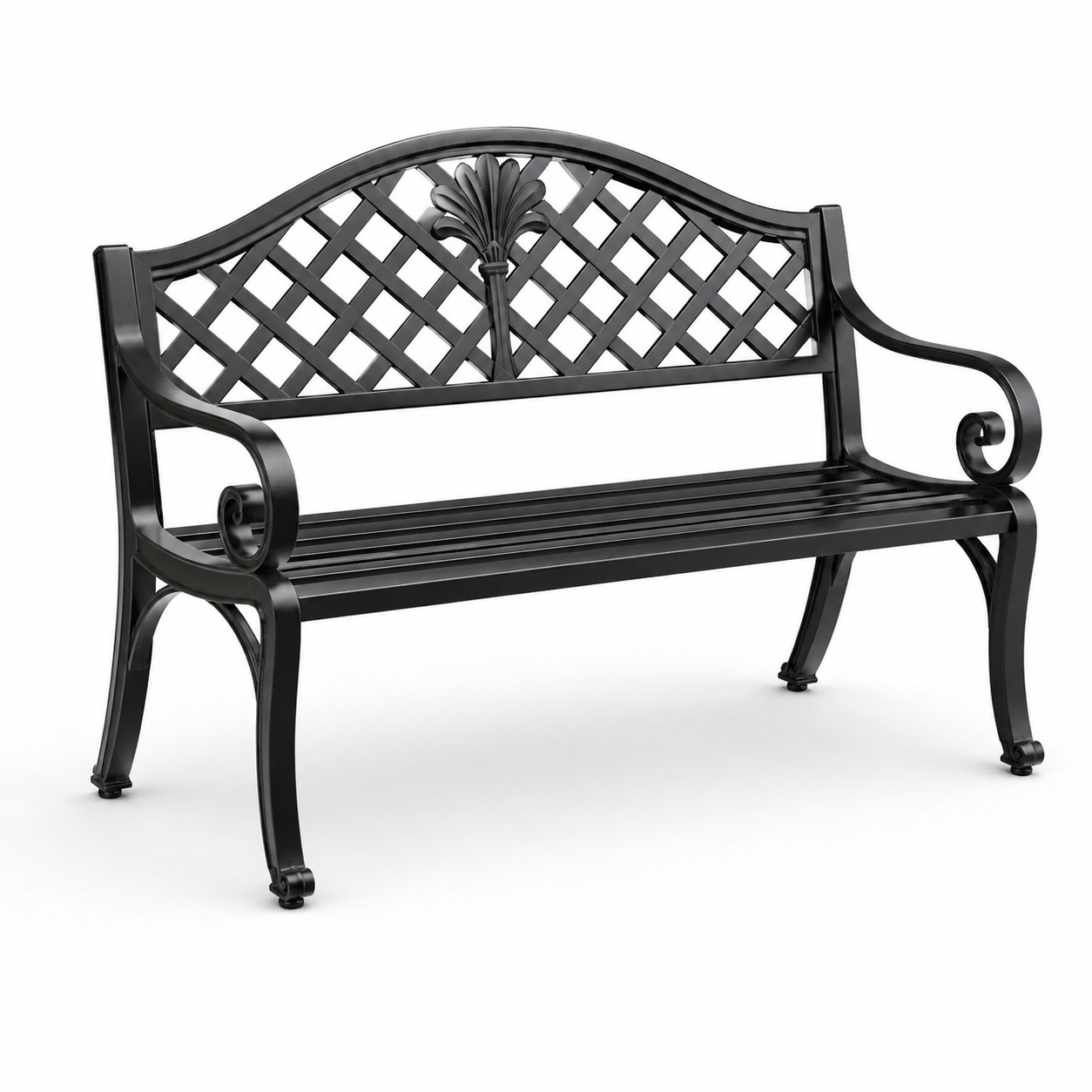 Schwarze Metall-Gartenbank mit Rankgitter und floralem Dekor, 127 × 60 × 85 cm