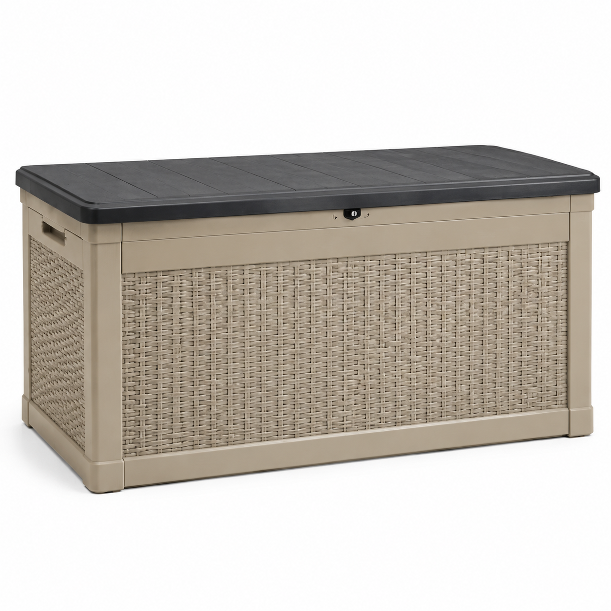 Abschließbare Garten-Aufbewahrungsbox aus Kunststoff in Rattanoptik, 129,5 × 70 × 62,5 cm, Beige/Anthrazit