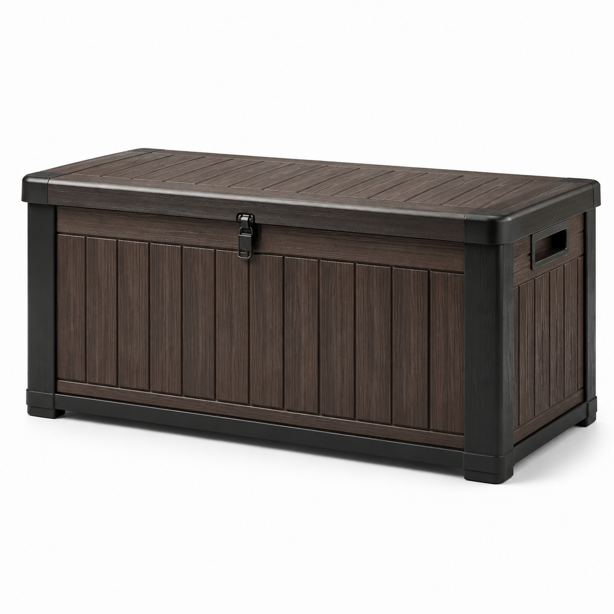 Abschließbare Garten-Aufbewahrungsbox aus Kunststoff in Holzoptik, Braun/Schwarz, 120 × 55 × 60 cm