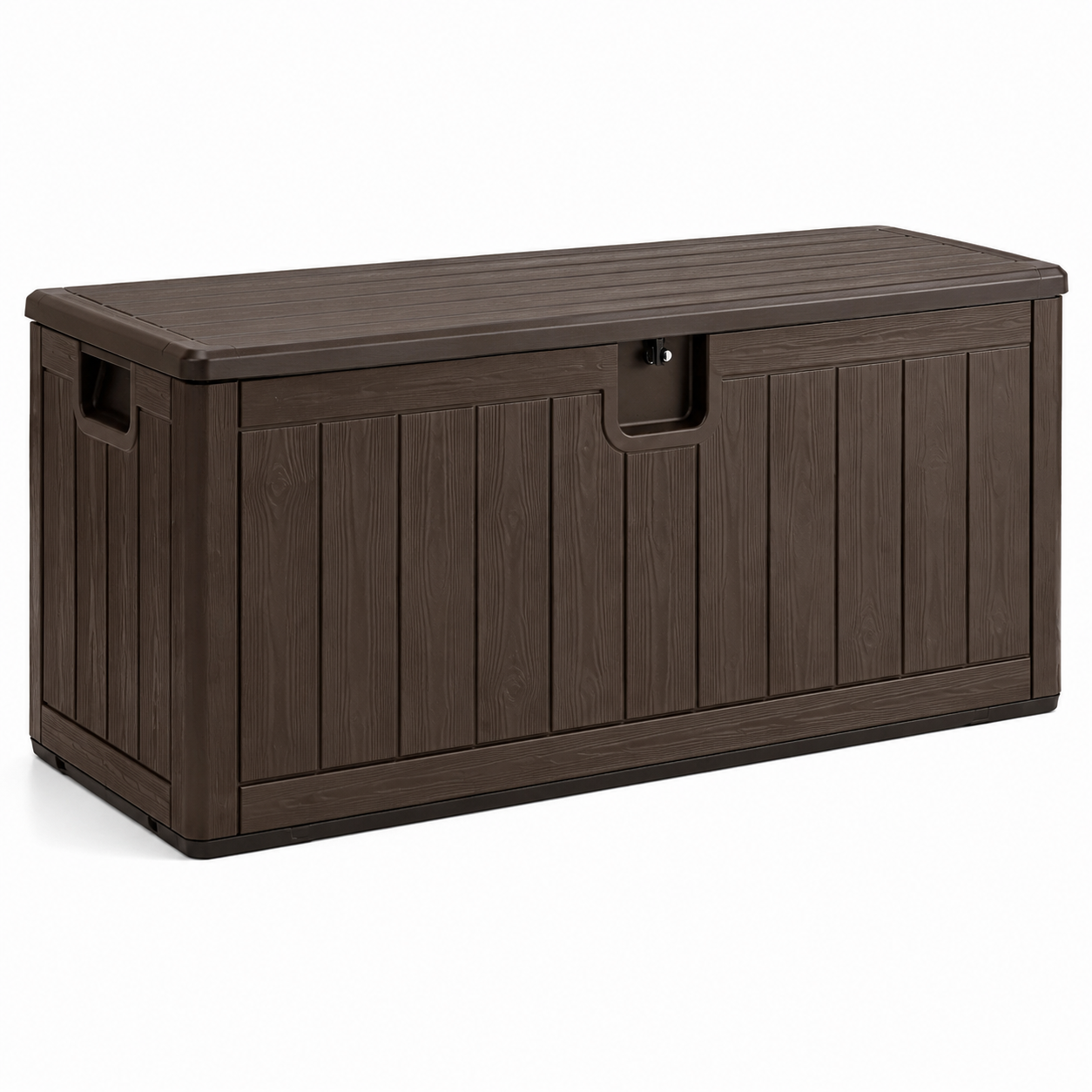 Auflagenbox aus Kunststoff in Dunkelbraun, 148 × 72 × 65 cm, Holzoptik mit Klappdeckel