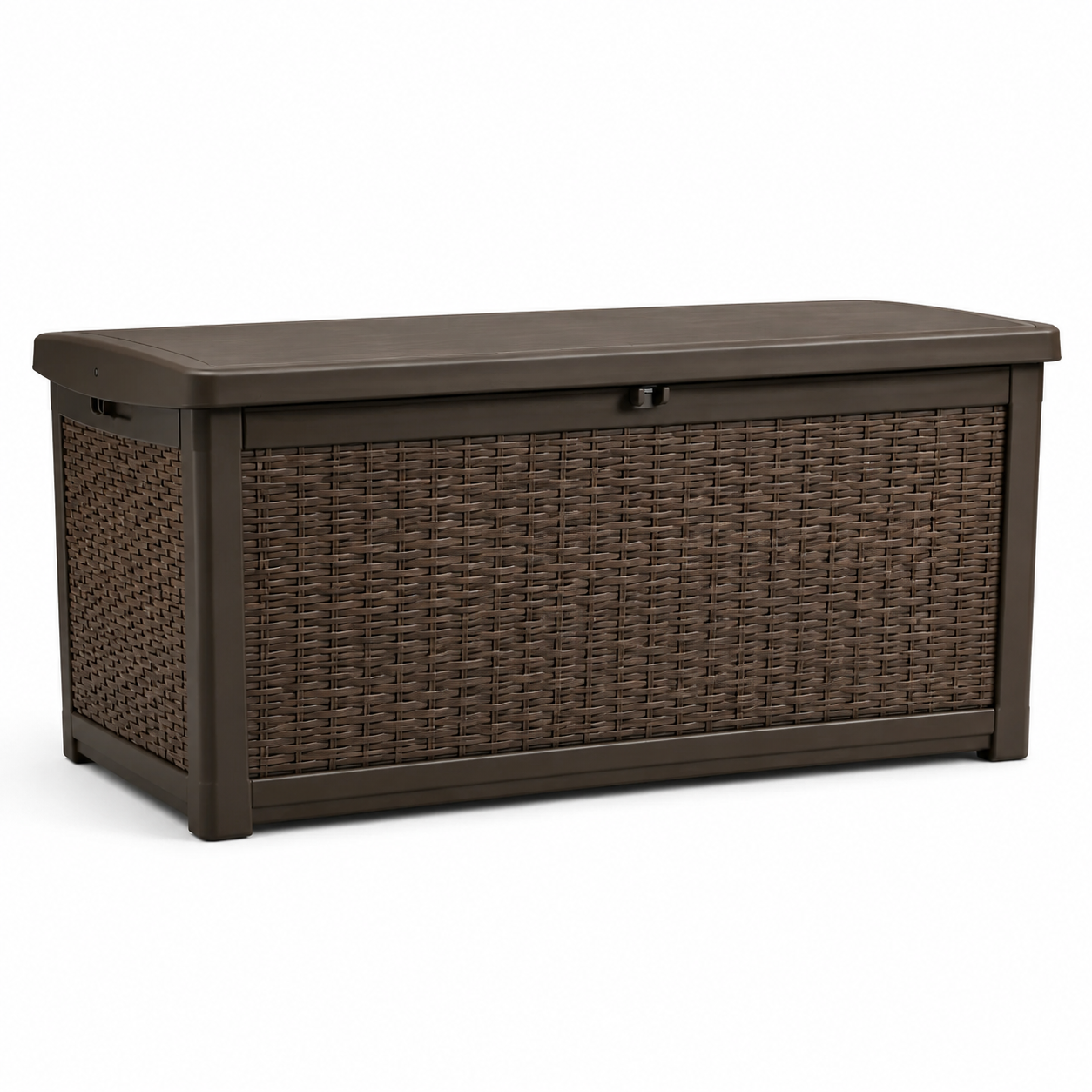 Garten-Aufbewahrungsbox aus Kunststoff in brauner Rattanoptik mit Klappdeckel, 129,5 × 70 × 62,5 cm