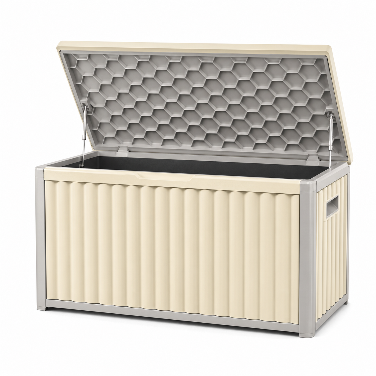 Auflagenbox aus Kunststoff mit Klappdeckel, 120 × 56 × 63 cm, Beige/Grau/Schwarz