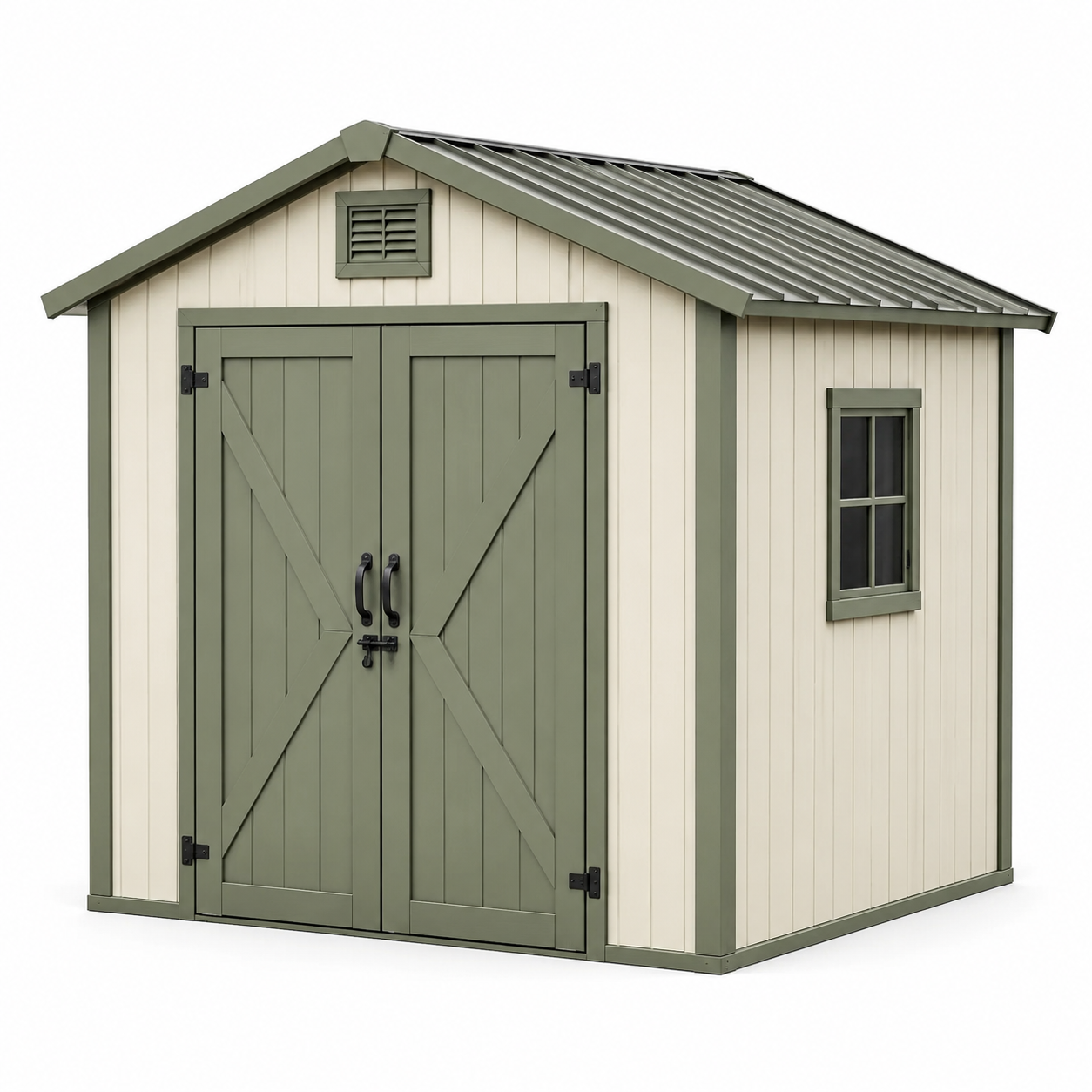 Gartenhaus aus Kunststoff mit Doppeltür, Fenster und Belüftung, 250 × 200 × 230 cm, Beige/Salbeigrün/Schwarz