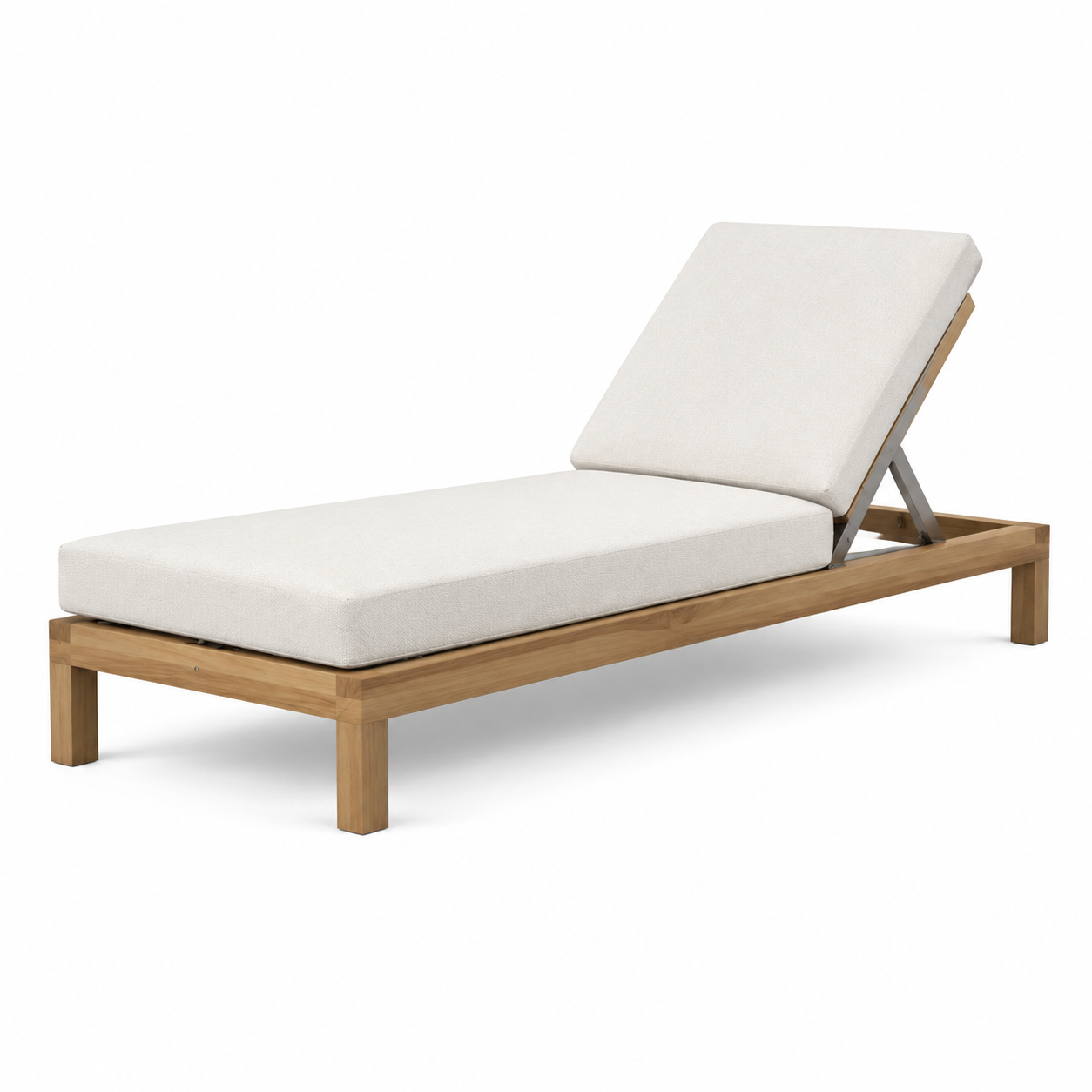 Gartenliege aus Holz mit beiger Polsterauflage und verstellbarer Rückenlehne, 200 × 70 × 80 cm