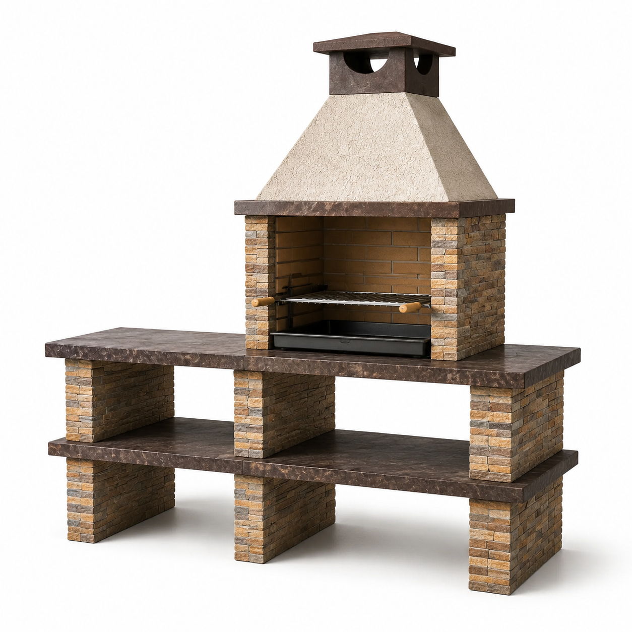 Gartenkamin mit Grillrost und Ablageflächen, 220 × 70 × 220 cm, Braun/Beige/Schwarz