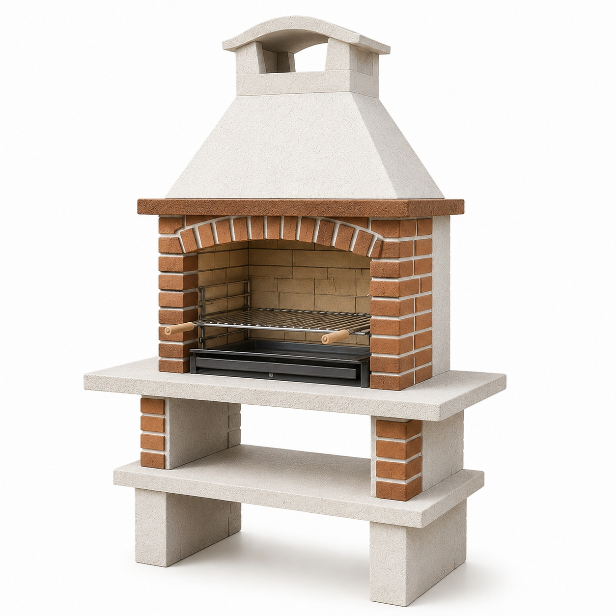 Grillkamin aus Betonwerkstein und Stahl, 120 × 70 × 220 cm, Cremeweiß/Terrakotta/Schwarz, mit höhenverstellbarem Grillrost und Ablagen