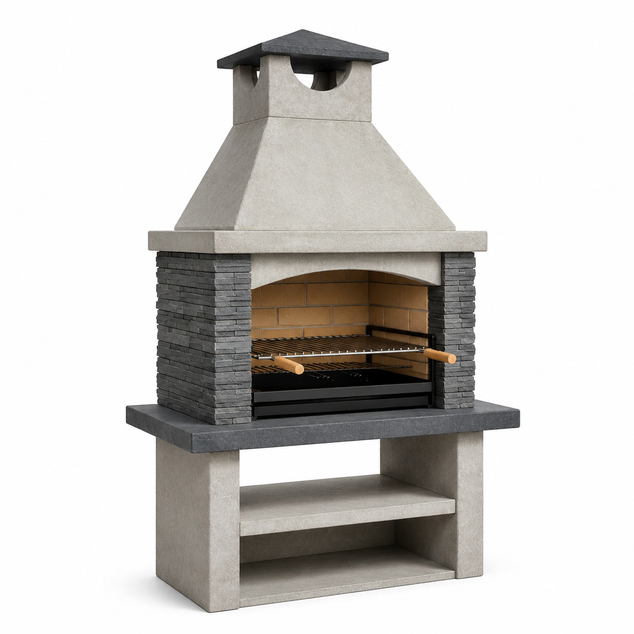 Holzkohle-Gartengrill mit Kamin, 2 Grillrosten und Ablagefächern, 110 × 65 × 200 cm, Hellgrau/Dunkelgrau