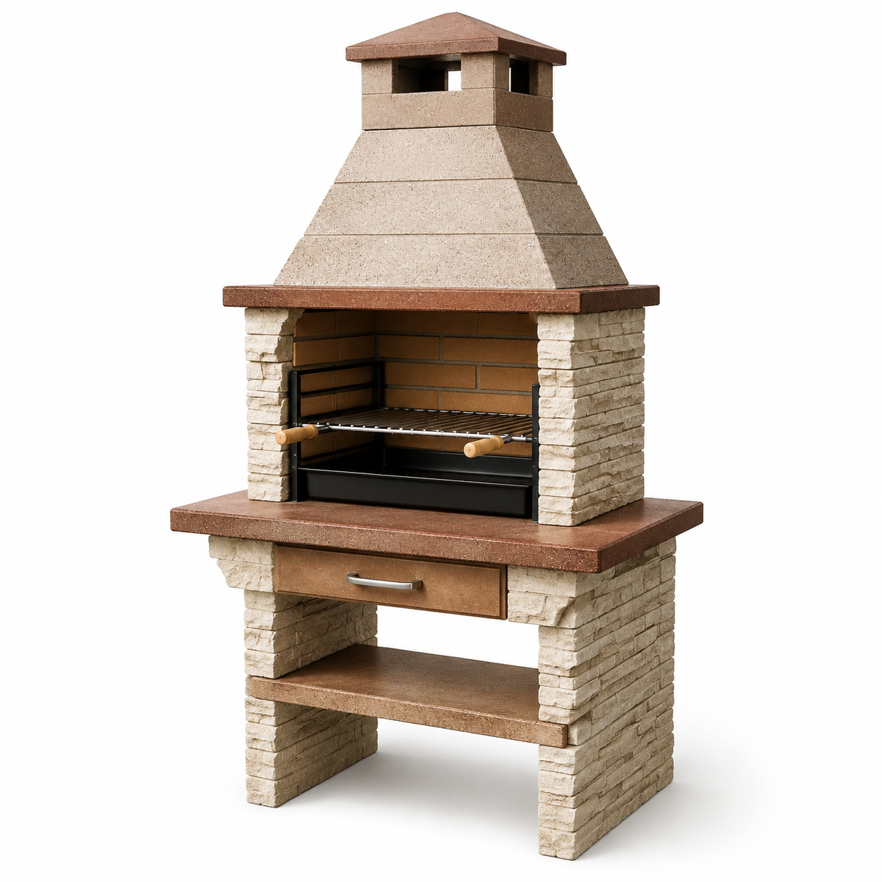 Holzkohlegrill mit Kamin, Schublade und Ablagefach, 110 × 65 × 220 cm, Beige/Braun/Schwarz