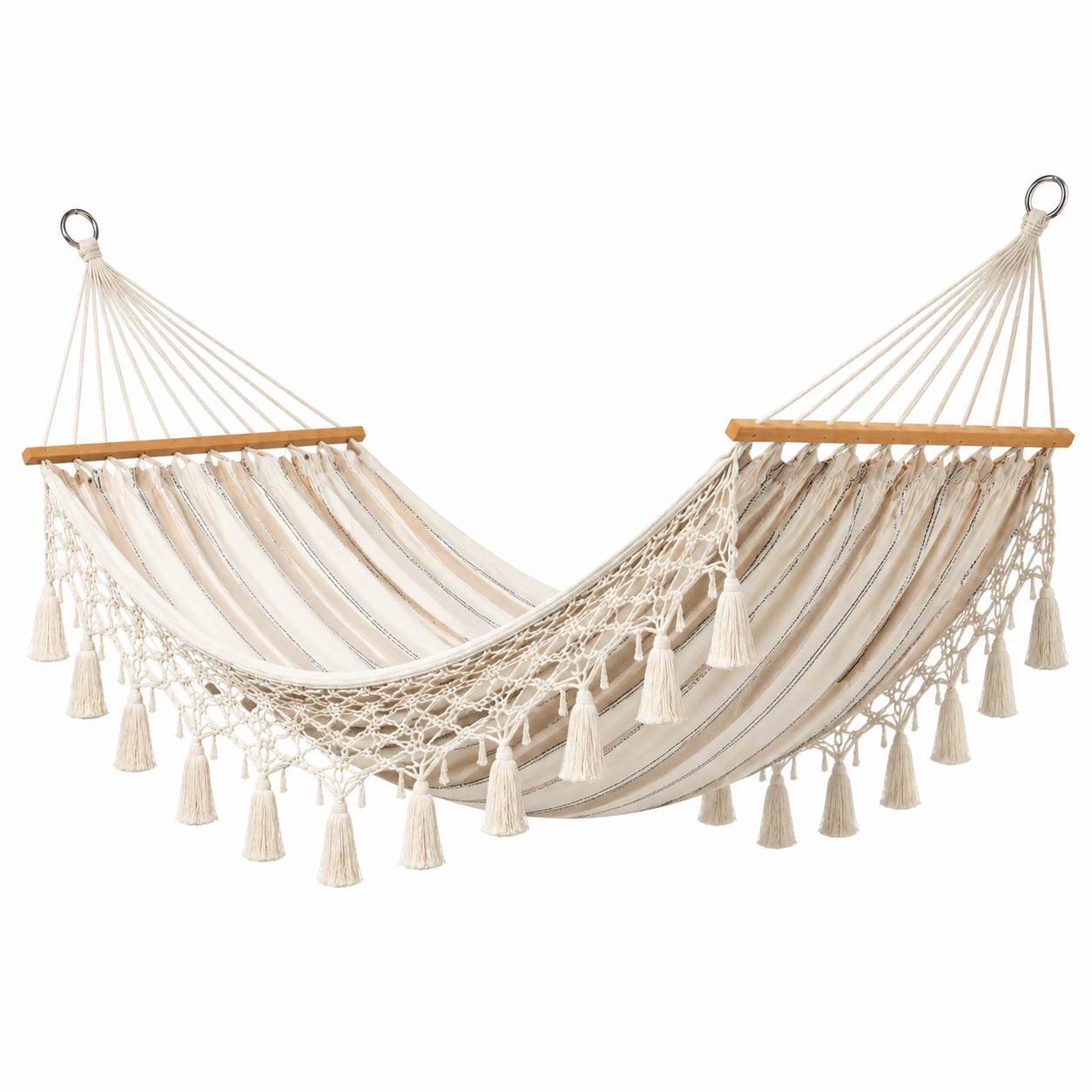 Hängematte 200 x 150 x 1 cm in Creme, Beige, Braun und Silber mit Holzspreizstäben und Quasten