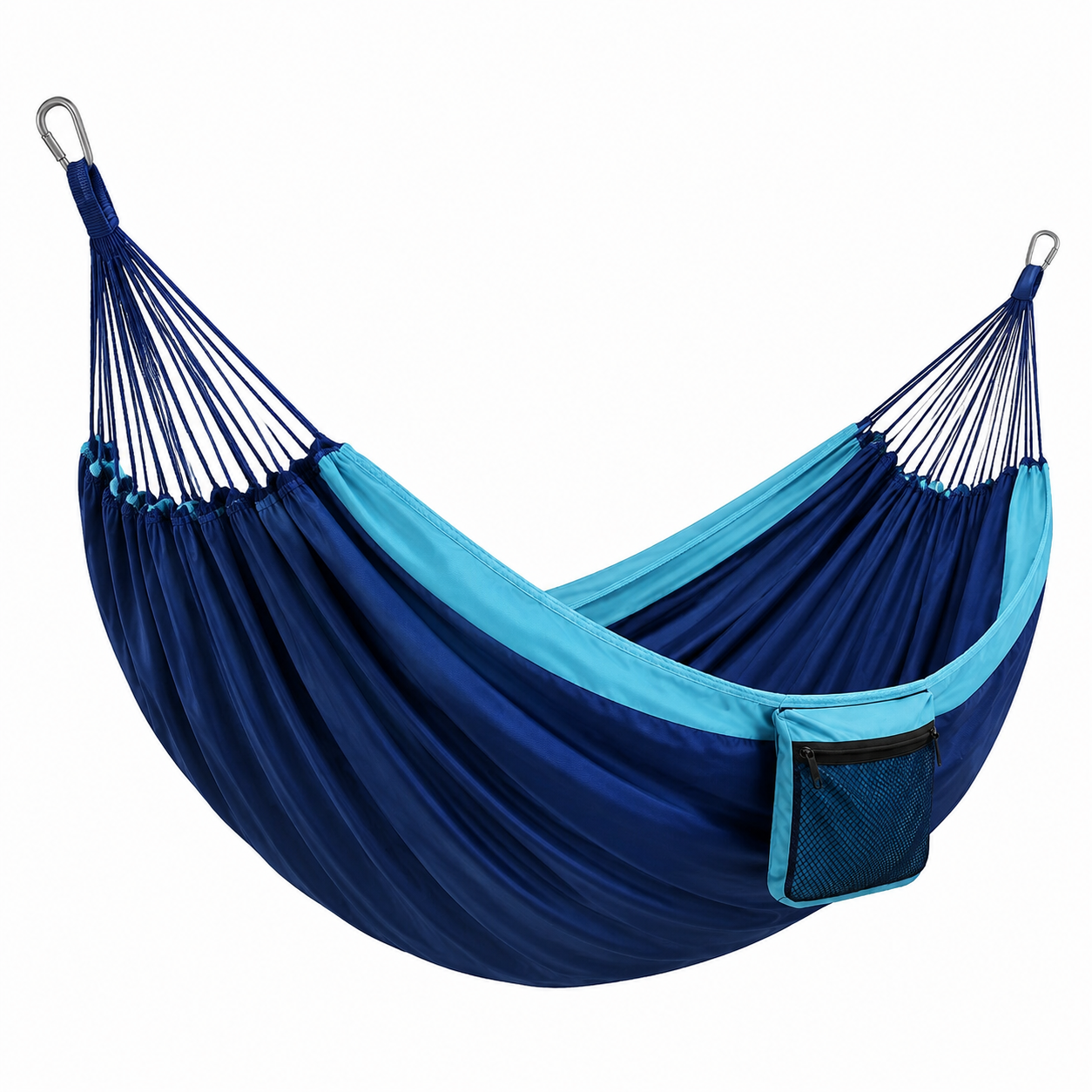 Hängematte aus Synthetikgewebe, 270 × 150 × 0,2 cm, Blau/Türkis, mit Seitentasche und Karabinern
