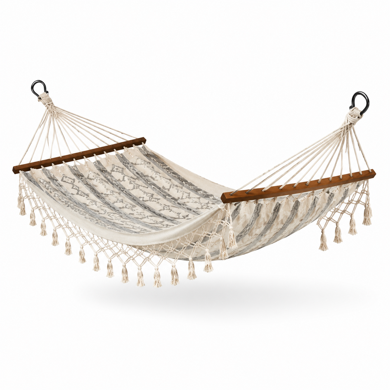 Hängematte mit Holzspreizstäben und Quasten, 300 x 100 x 2 cm, Creme/Grau/Braun/Schwarz, für Garten und Terrasse