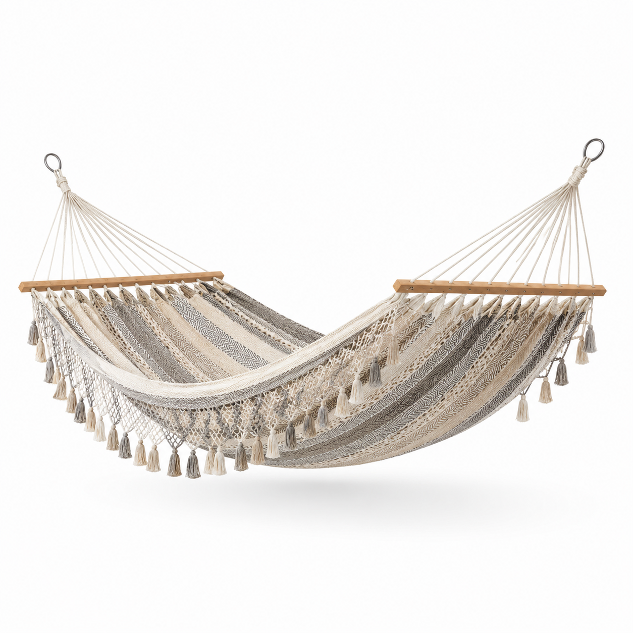 Hängematte aus Textilgewebe mit Holzspreizstäben, 300 × 150 × 2 cm, Beige/Grau/Braun, Boho-Stil