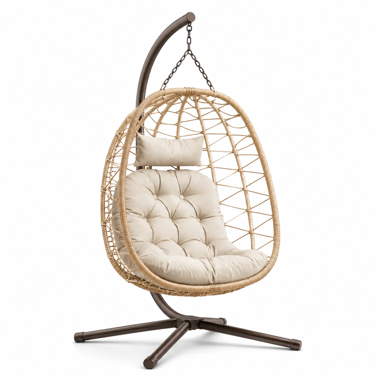 Freistehender Hängesessel mit Stahlgestell und Polsterauflage, Beige/Braun, 105 × 105 × 195 cm