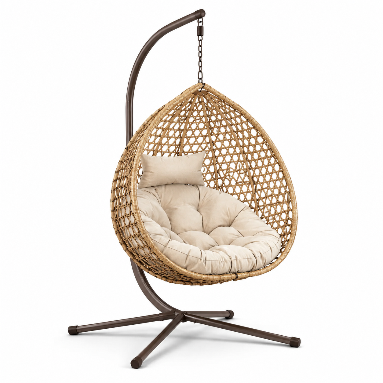 Freistehender Hängesessel mit Gestell und Polstern, Natur/Beige/Dunkelbraun, 105 × 105 × 195 cm